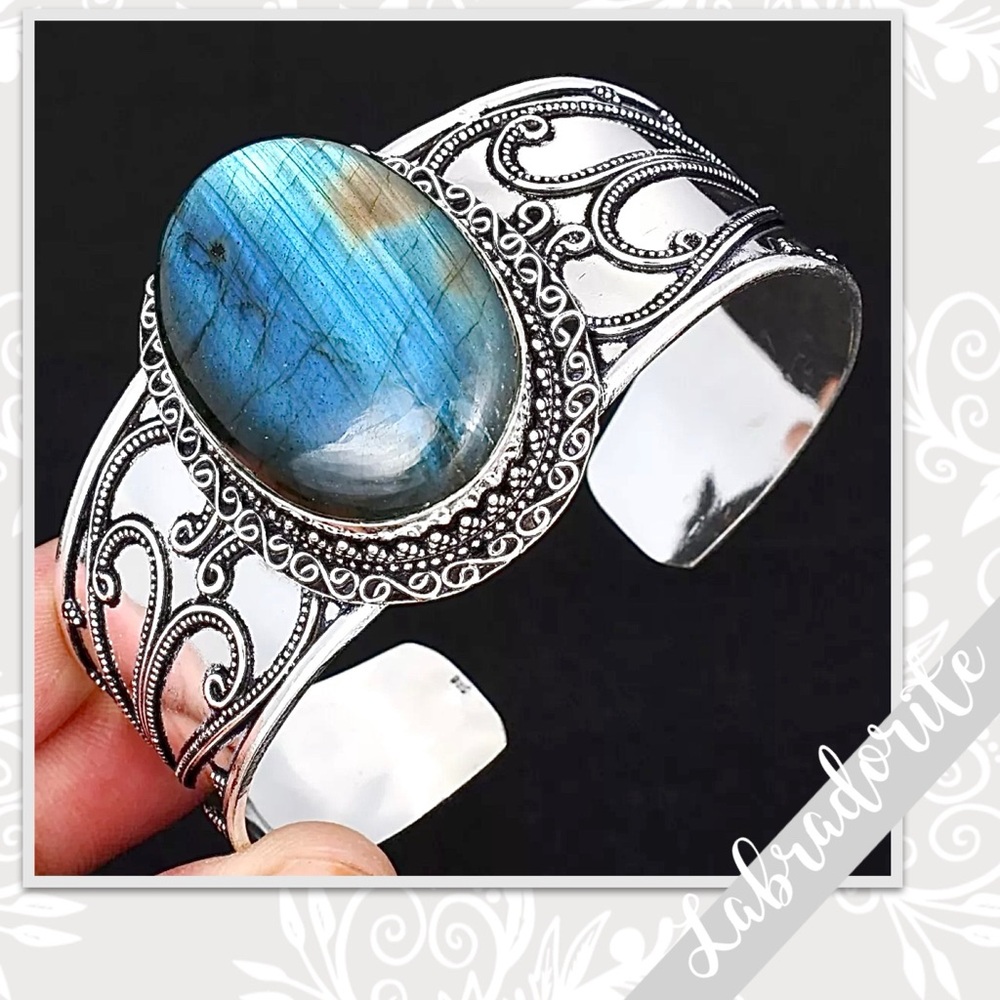 Labradorite Silver Artisan Bangle Cuff Bracelet Adjustable Blue, Turquoise flash